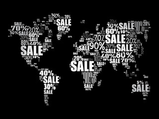 Obraz na płótnie Canvas Sale text with percents in shape of World Map, word cloud business concept background