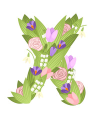 X letter. Cartoon flower font design. Letter with flowers and leaves. Flat vector illustration isolated on white background