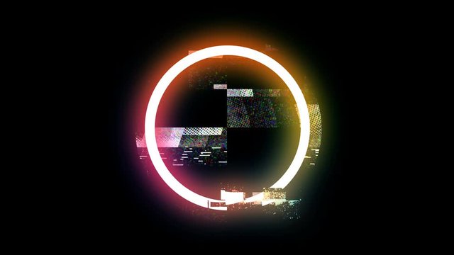 Glitch, neon circle colored with transmission problem, grain, errors and distortions