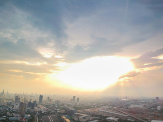 Aerial view of modern office building colorful sunset sky with cloud