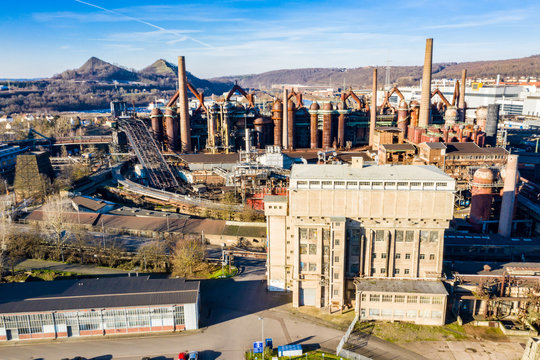 Volklingen Ironworks museum - UNESCO World Heritage site in V&ouml;lklingen (Volklingen) town in the district of Saarbr&uuml;cken, Saar, Germany. European Route of Industrial Heritage (ERIH). Winter aerial view
