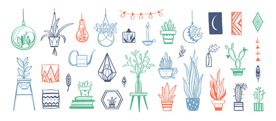 Home decor and House plants vector hand drawn set. Home decorations and interior design elements.Isolated boho and scandinavian cartoon sketches