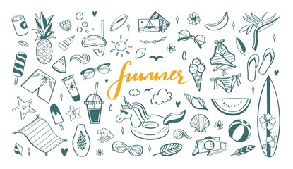 Big set of Summer vector design doodle elements. Beach collection, tropical fruits, swimsuit, surfing. Hand drawn isolated sketches on white background. Summer handwritten calligraphy