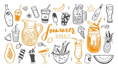 Vector hand drawn set of Cold drinks, summer cocktails and beverages with fruits. Various doodles for beach party, bar, restaurant menu. Isolated objects