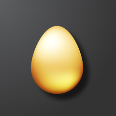 Golden egg on the black background. Realistic top view on the 3d object. Easter card in modern design. Vector illustration for holiday.