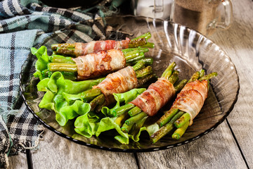 Fried green bean wrapped in smoked bacon