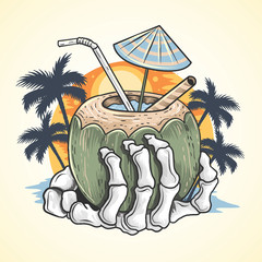 SUMMER COCONUT TREE AND HAND SKULL AT BEACH 