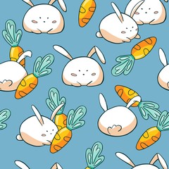 Cute easter bunny seamless pattern. Doodle easter rabbit with carrot on blue background. Backdrop for wrapping paper, kid's fabric.