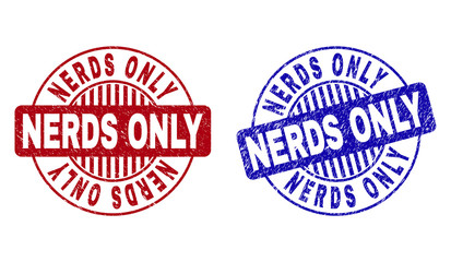 Grunge NERDS ONLY round stamp seals isolated on a white background. Round seals with grunge texture in red and blue colors. Vector rubber imitation of NERDS ONLY text inside circle form with stripes.