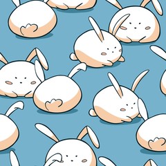 Cute Easter seamless pattern. Fat rabbits background. Hand drawn doodle bunny characters.