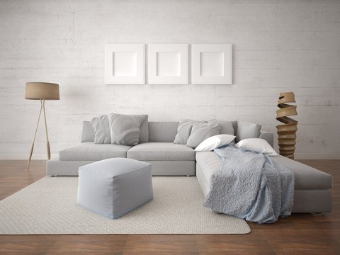 Mock up a perfect living room with a trendy corner sofa and a bright hipster backdrop.