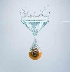 Kiwi falls into the water scattering a lot of sprays and drops