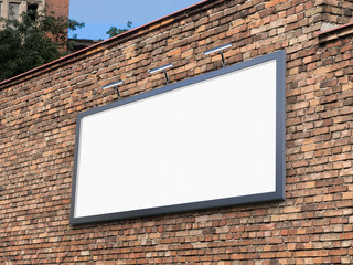 3D rendering of blank billboard (empty advertisement) on brick wall. Empty mockup template - 260010332