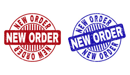 Grunge NEW ORDER round stamp seals isolated on a white background. Round seals with grunge texture in red and blue colors. Vector rubber overlay of NEW ORDER label inside circle form with stripes.