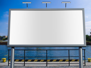 3D rendering of blank billboard (empty advertisement) with boulevard background. Empty mockup template