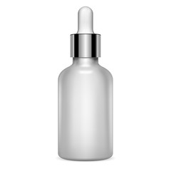 Dropper Serum Bottle. Essential Vial 3d Mockup. Clear Silver Metal Glass Eyedropper Packaging for Treatment E Liquid. Luxury Moisture Pot Mockup for Collagen Essence. Aromatherapy Jar.