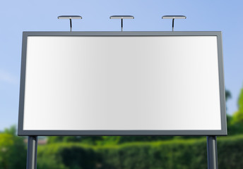 3D rendering of blank billboard (empty advertisement) with city background. Empty mockup template