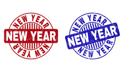 Grunge NEW YEAR round stamp seals isolated on a white background. Round seals with grunge texture in red and blue colors. Vector rubber imprint of NEW YEAR title inside circle form with stripes.