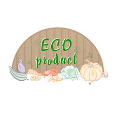 Set of outline vegetables of zucchini, eggplant, tomato, cabbage, pumpkin, mushrooms on the background of a brown banner and the inscription of organic products. Vector illustration