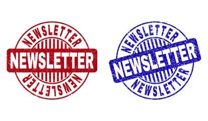 Grunge NEWSLETTER round stamp seals isolated on a white background. Round seals with grunge texture in red and blue colors. Vector rubber overlay of NEWSLETTER label inside circle form with stripes.
