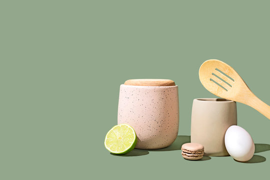 Styled Food Ingredients and Kitchen Utensils, Minimal and Colorful, Isolated with Copy Space