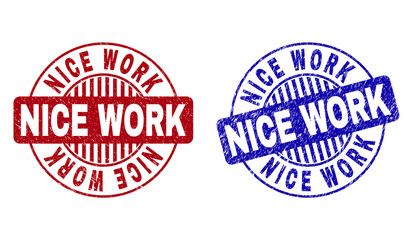 Grunge NICE WORK round stamp seals isolated on a white background. Round seals with grunge texture in red and blue colors. Vector rubber imprint of NICE WORK label inside circle form with stripes.