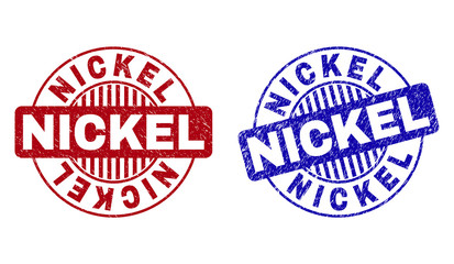 Grunge NICKEL round stamp seals isolated on a white background. Round seals with grunge texture in red and blue colors. Vector rubber imitation of NICKEL title inside circle form with stripes.