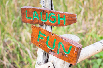 fun and laugh text in wooden sign - 260011979