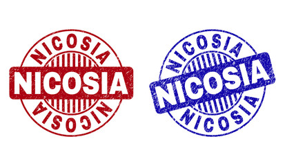 Grunge NICOSIA round stamp seals isolated on a white background. Round seals with grunge texture in red and blue colors. Vector rubber imitation of NICOSIA title inside circle form with stripes.