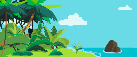 Vector landscape with exotic plants and a toucan sitting on a branch. Vector illustration of a tropical forest and a river or sea that can be used as a banner, landing page or flyer for travel agency.