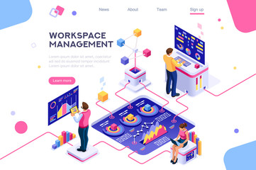 Collection, database graphs. Desktop chart analyzing, statistics visualization concept. Interacting people. 3d isometric vector illustration.