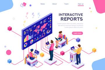 Collection, database graphs. Desktop chart analyzing, statistics visualization concept. Interacting people. 3d isometric vector illustration.