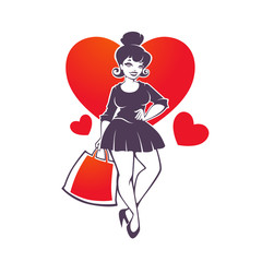Cartoon fashionable girl  with shopping bag, for your sale company