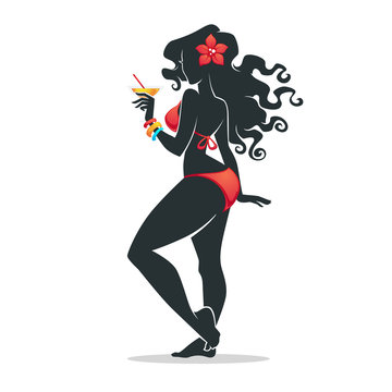 recommend clip art: The hot summer, beautiful girl in bikini drinking the cocktail, vector background