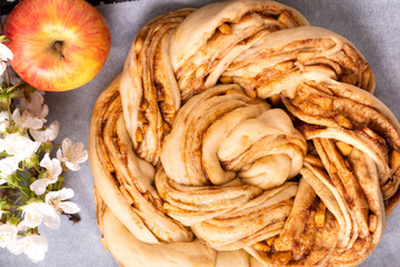 Food bakery concept making bread dought for apple Cinnamon Roll Braided Bread with copy space.