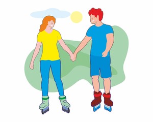 Girl and guy on roller skates, couple of happy teens on roller skates. Vector illustration, isolated on white background.