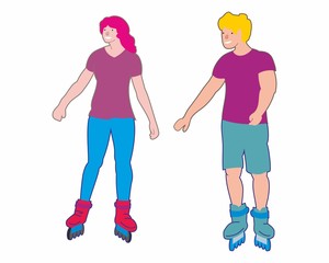 Girl and guy on roller skates, couple of happy teens on roller skates. Vector illustration, isolated on white background.