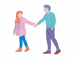 Young couple in love walking holding hands. Vector flat cartoon illustration isolated on white background.