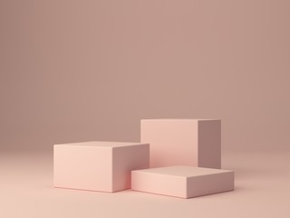 Pink shapes on pastel colors abstract background. Minimal boxes and tree podium. Scene with geometrical forms. Empty showcase for cosmetic product presentation. Fashion magazine. 3d render. 