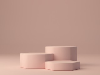 Pink shapes on pastel colors abstract background. Minimal hexagonal boxes podium. Scene with geometrical forms. Empty showcase for cosmetic product presentation. Fashion magazine. 3d render. 