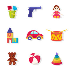 Toys shop assortment vector illustrations set