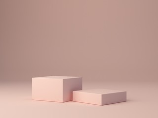 Pink shapes on pastel colors abstract background. Two boxes. Minimal podium. Scene with geometrical forms. Empty showcase for cosmetic product presentation. Fashion magazine. 3d render. 