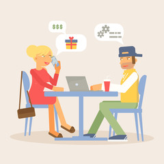 Couple sitting at cafe table vector illustration