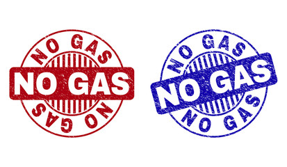 Grunge NO GAS round stamp seals isolated on a white background. Round seals with grunge texture in red and blue colors. Vector rubber watermark of NO GAS tag inside circle form with stripes.