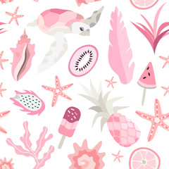 Summer theme seamless pattern with exotic fruits, animals and plants isolated on a white background that can be used for wrapping, wallpaper design, fabric and textile. Vector illustration.