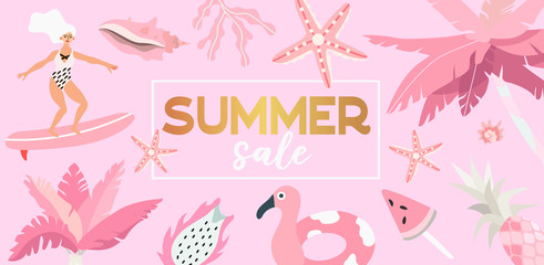 Vector illustration of palm trees,surfer girl, sea shells and exotic fruits in gold and pink color. Summer sale banner, landing page or flyer that can also be used for travel agency or tour operator.