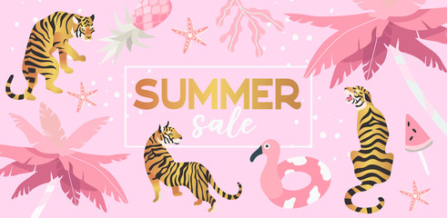 Fototapeta na wymiar Vector illustration of palm trees, tigers and summer elements in gold and pink color on a cute pink background. Summer sale banner that can also be used as a landing page or flyer for travel agency.