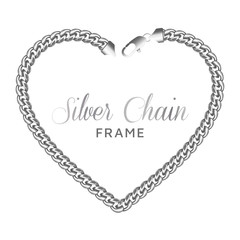 Silver chain heart love border frame. Wreath shape with a lobster claw clasp lock. Jewelry design, text frame. Realistic vector illustration isolated on a white background.