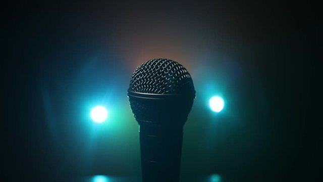 Microphone for sound, music, karaoke in audio studio or stage. Mic technology. Voice, concert entertainment background. Speech broadcast equipment. Live pop, rock musical performance