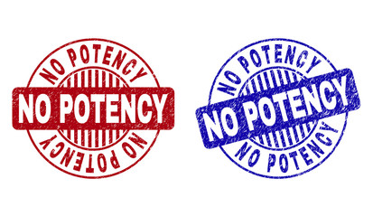 Grunge NO POTENCY round stamp seals isolated on a white background. Round seals with distress texture in red and blue colors.